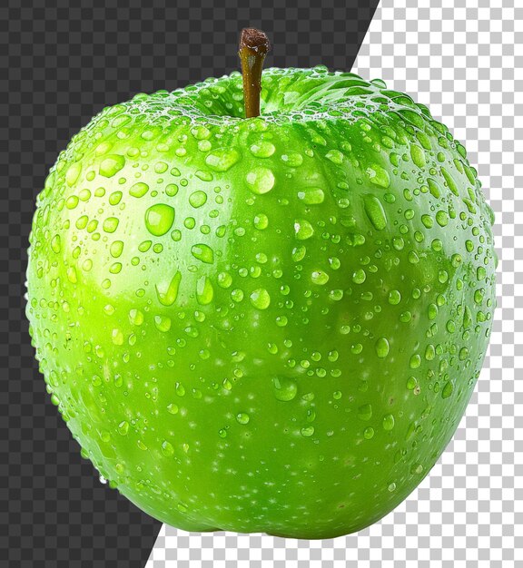 PSD Свежее зеленое яблоко с каплями воды на прозрачном фоне
