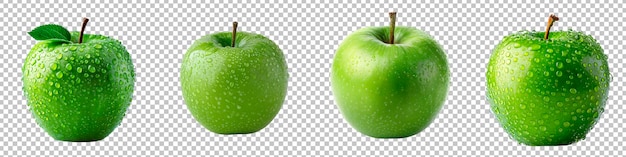 Fresh green apples with water droplets isolated on transparent background