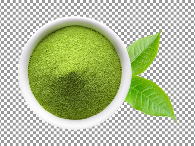 PSD fresh green matcha powder in a white bowl with leaves on transparent background