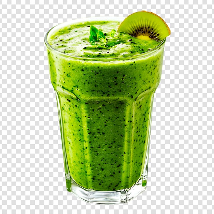 PSD fresh green smoothie with basil and kiwi on a transparent background