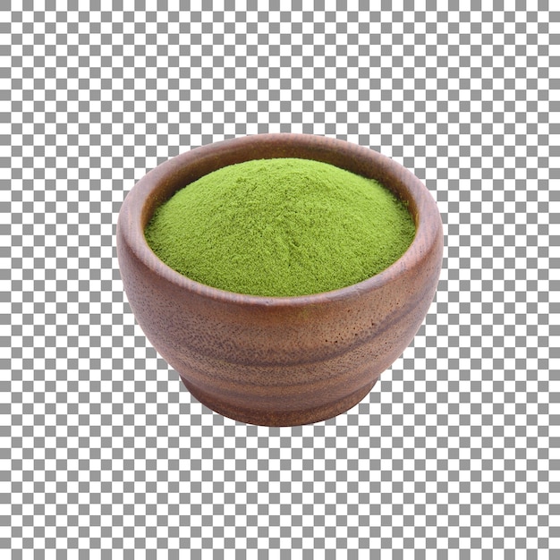 PSD fresh green tea powder in a wooden bowl with transparent background