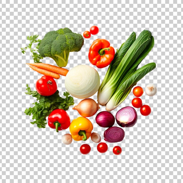 Alimenti e verdure fresche isolati su uno sfondo trasparente.