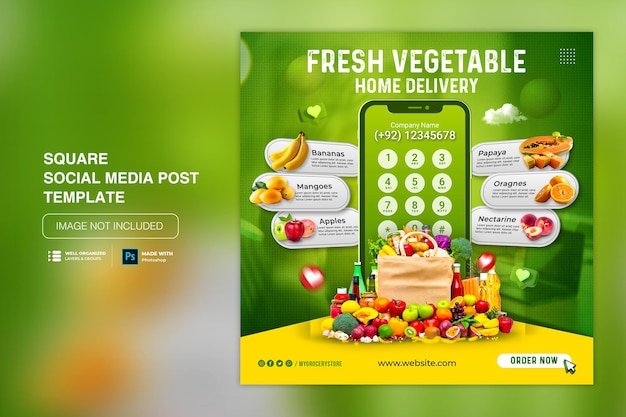 Fresh grocery vegetable delivery social media post promotion template