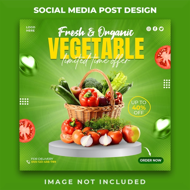 Progettazione di post banner per la promozione dei social media di cibo e verdure fresche e sane