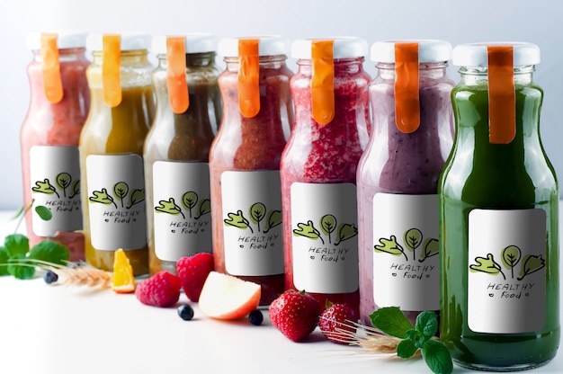 PSD fresh and healthy fruit and vegetable juices in glass bottle mock up