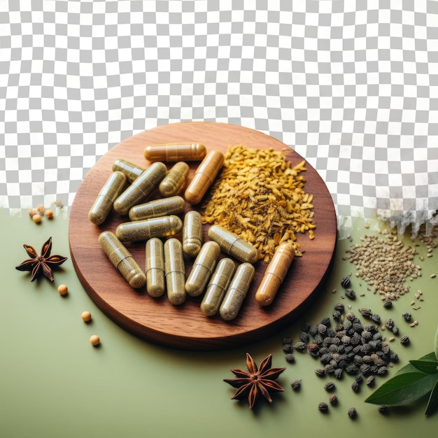 PSD fresh herbal tablets with dried herbs cinnamon cloves and star anise organic alternative health pills on a transparent background