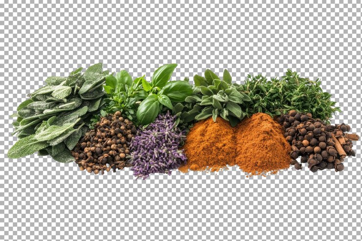 PSD fresh herbs and spices arranged beautifully on a white background for culinary use and inspiration