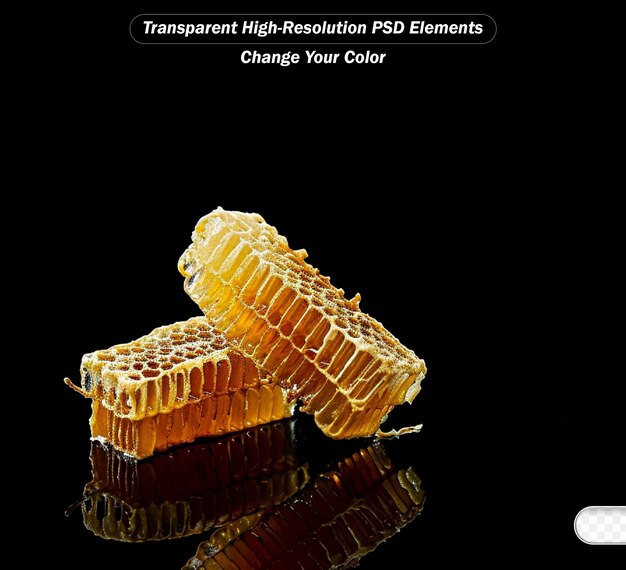 PSD fresh honeycomb pieces and golden dipper on black backgrounds with reflection