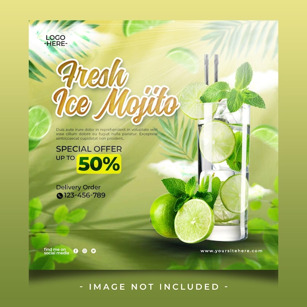 Ristorante con bevande speciali mojito di ghiaccio fresco per il modello di banner di feed post sui social media di promozione