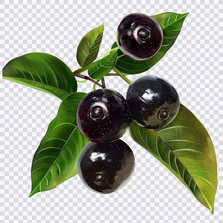 PSD fresh jaboticaba fruit isolated in png format featuring its dark berry nestled among vibrant green