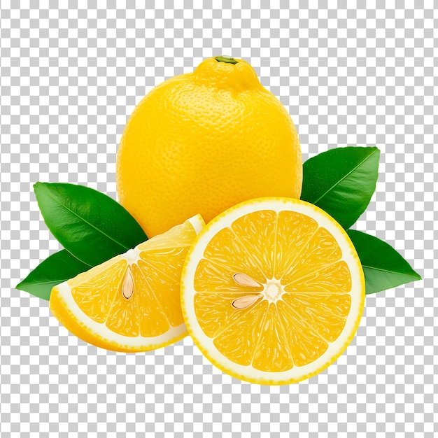fresh and juicy lemon slices with green leaves on a transparent background