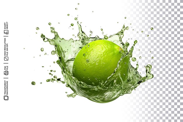 Fresh lime with 3d splash drops water on transparent background