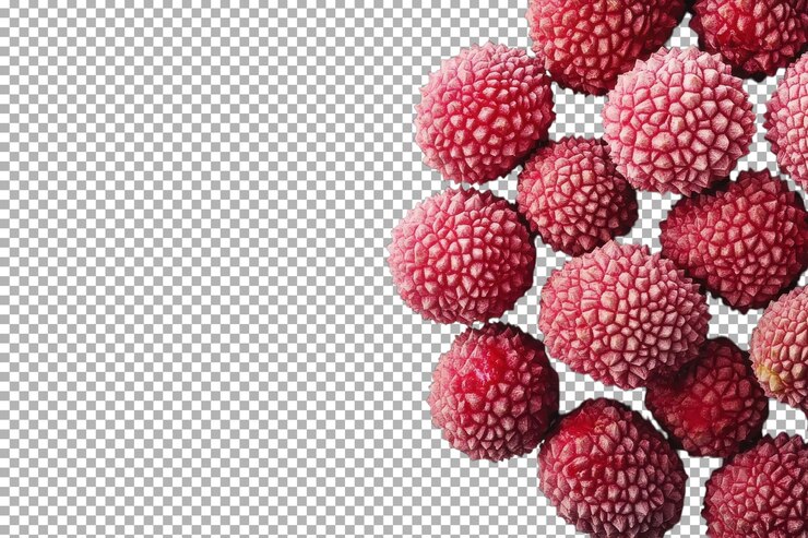 PSD fresh lychee clusters showcase their unique texture against a white backdrop