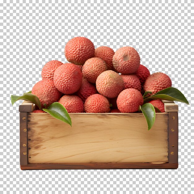 Fresh lychee fruits in wooden box isolated on transparent background