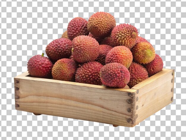 PSD fresh lychees in a wooden box isolated on transparent background