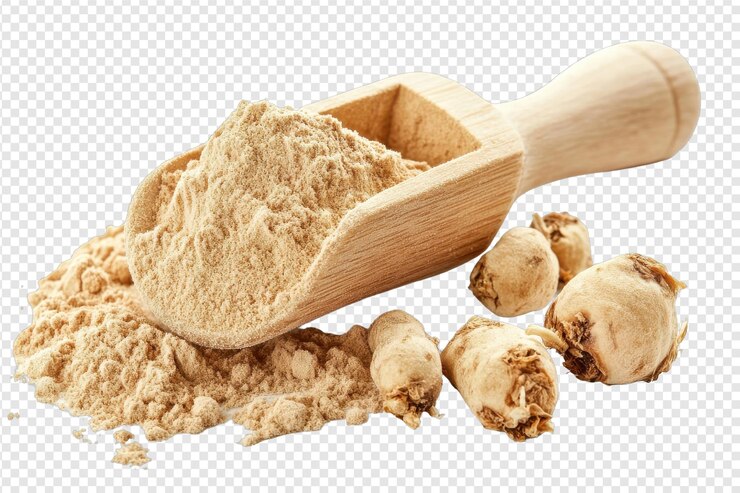 PSD fresh maca powder piled in a scoop with isolated on transparent background