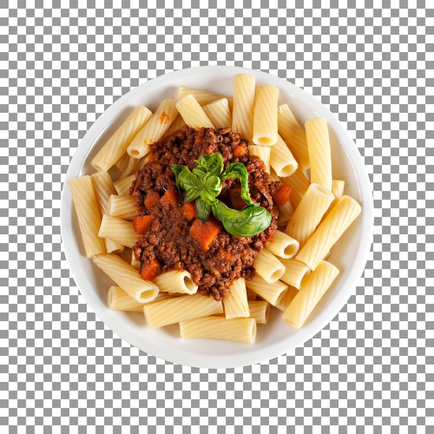 PSD fresh macaroni bolognese top view isolated on transparent background