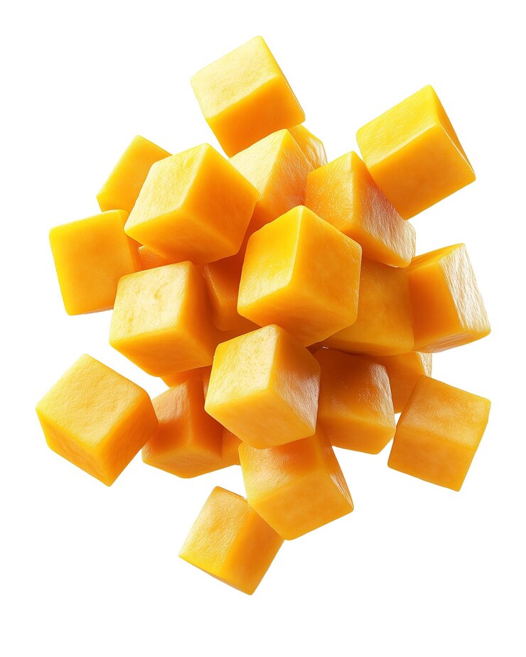 Fresh Mango Cubes Falling Isolated on Transparent Background psd