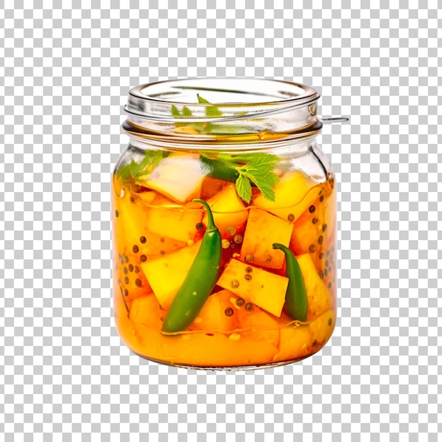 PSD fresh mango pickle in glass jar isolated on transparent background