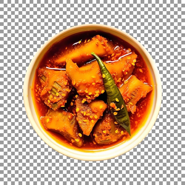 Fresh mango pickles in bowl isolated on transparent background