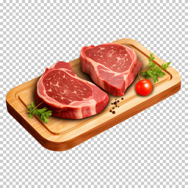 Fresh meat on wooden board isolated on transparent background