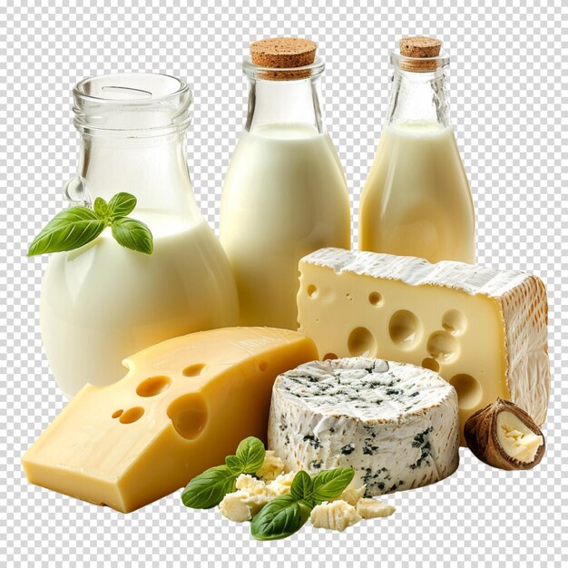 PSD Свежее молоко и молочные продукты, выделенные на прозрачном фоне