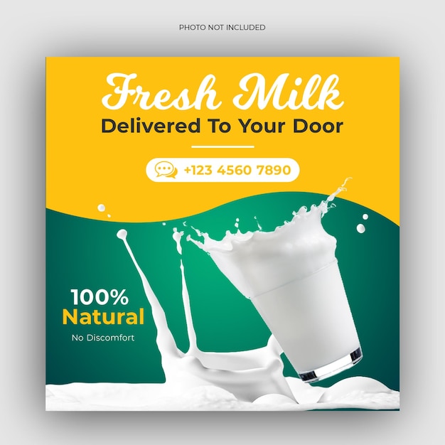 신선한 우유 제품 판매 소셜 미디어 배너 또는 인스타그램 포스트 디자인 템플릿