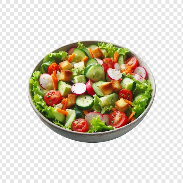 透明な背景に隔離されたボウルビューの新鮮な混合野菜サラダ