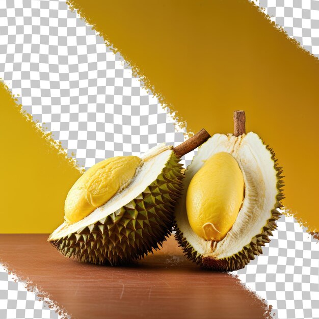 Fresh musang king durian from raub pahang with golden yellow soft flesh transparent background