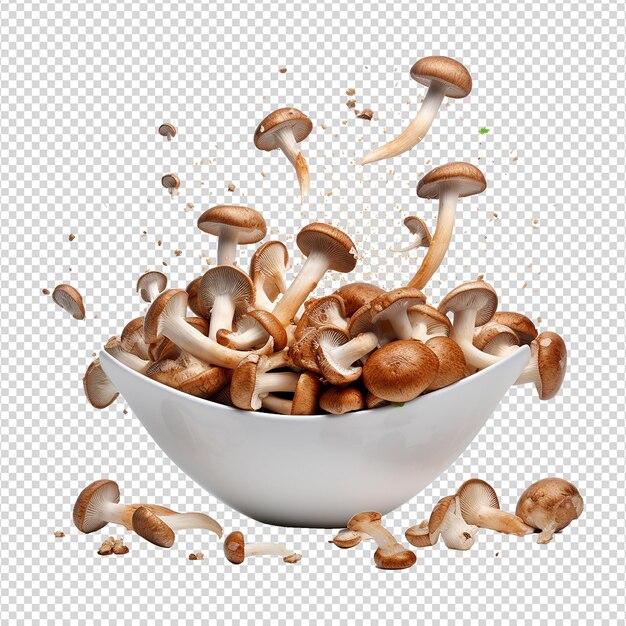 PSD fresh mushrooms falling into a bowl isolated on transparent background