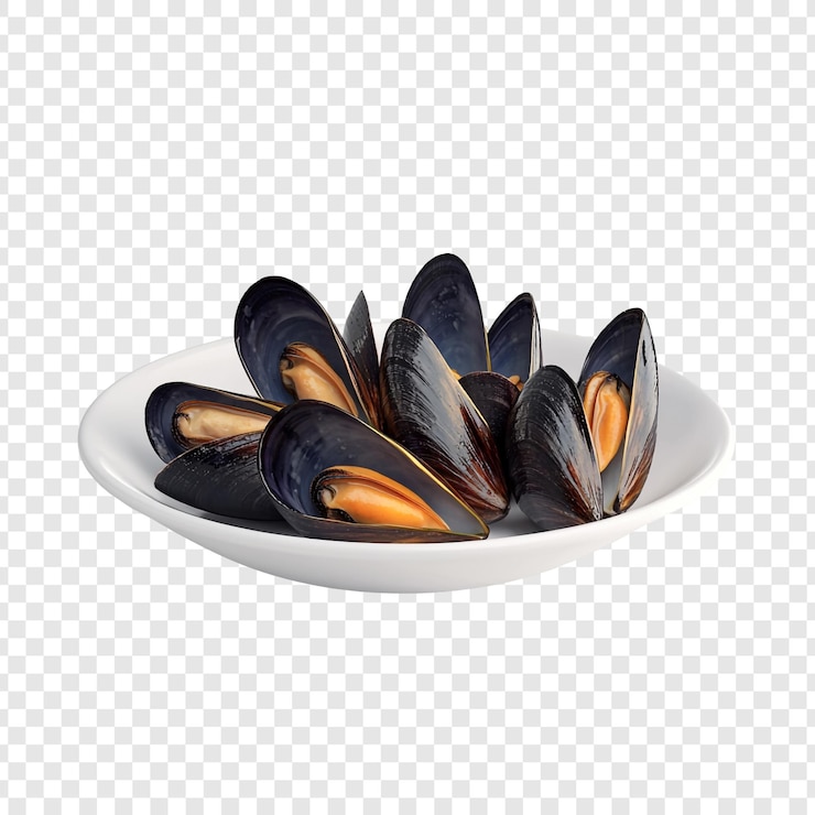 PSD fresh mussels on a white plate