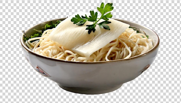 PSD fresh noodles with salmon and vegetables in bowl isolated on transparent background