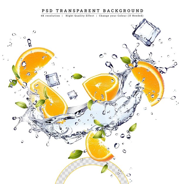 PSD fresh orange falling in water splash isolated on white background