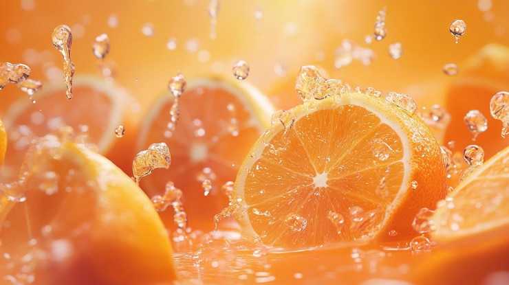 PSD fresh orange slices splashing in juice