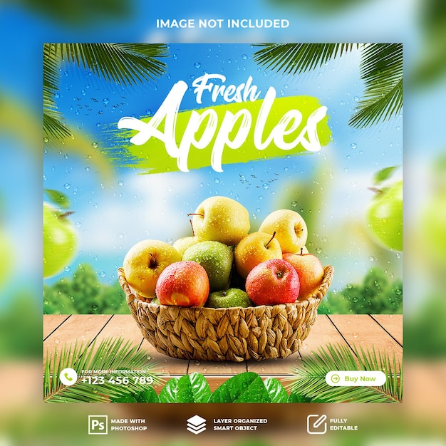 PSD 新鮮な有機リンゴのバナー投稿デザインinstagramまたはfacebookプレミアムpsdテンプレート