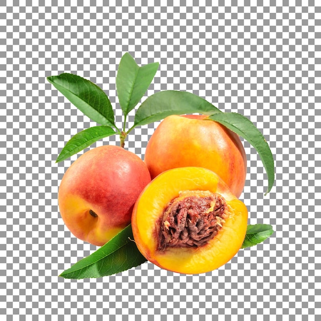 Fresh peach fruit with half cut on transparent background