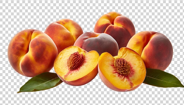 Fresh peaches with leaves isolated on a transparent background peaches with leaves