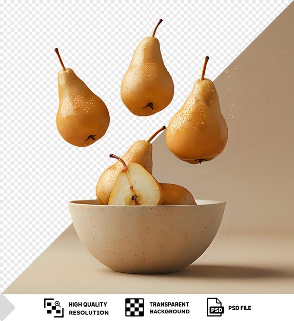 PSD fresh pears mockup falling into a bowl on a transparent background with brown stems and a dark shadow in the background