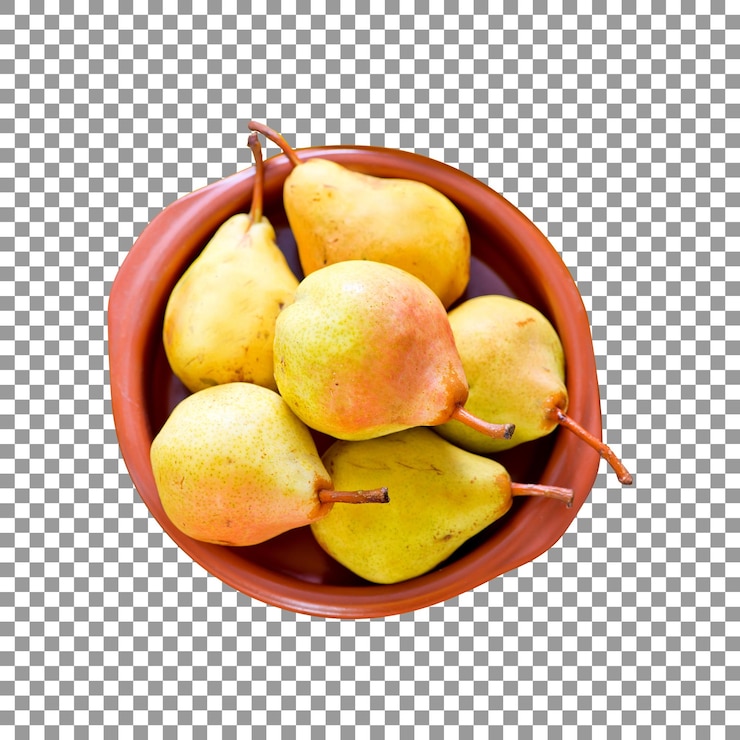 PSD fresh pears in wooden bowl with transparent background