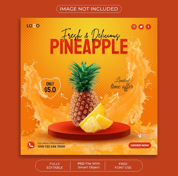 Fresh pineapple fruit promotion social media banner design template