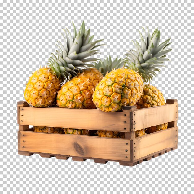 PSD fresh pineapple in wooden box isolated on transparent background