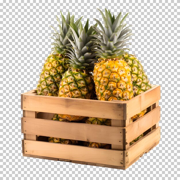 PSD fresh pineapple in wooden box isolated on transparent background