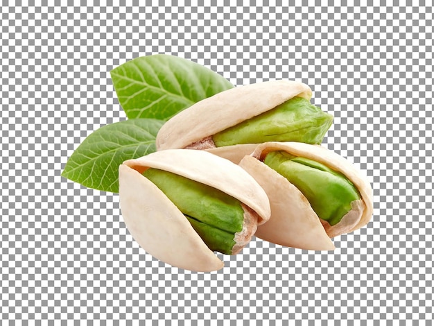 PSD fresh pistachio nuts with leaves on transparent background