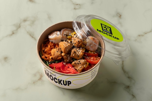 Fresh poke bowl mockup high angle