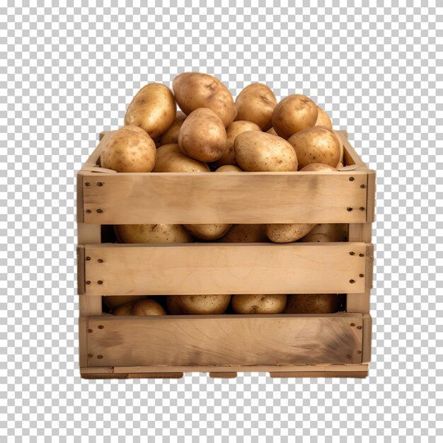 Свежие картофель в деревянной коробке, изолированной на прозрачном фоне