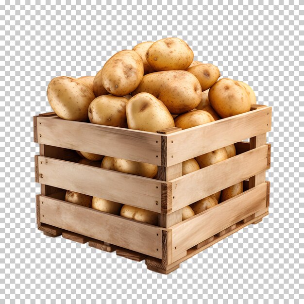 Fresh potatoes in wooden box isolated on transparent background