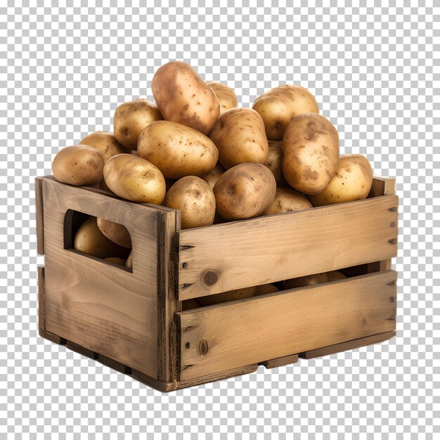 PSD fresh potatoes in wooden box isolated on transparent background