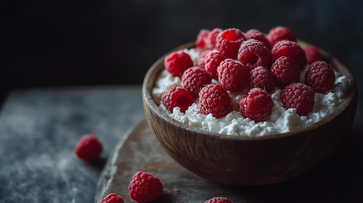 PSD fresh raspberries atop creamy cottage cheese in a rustic wooden bowl