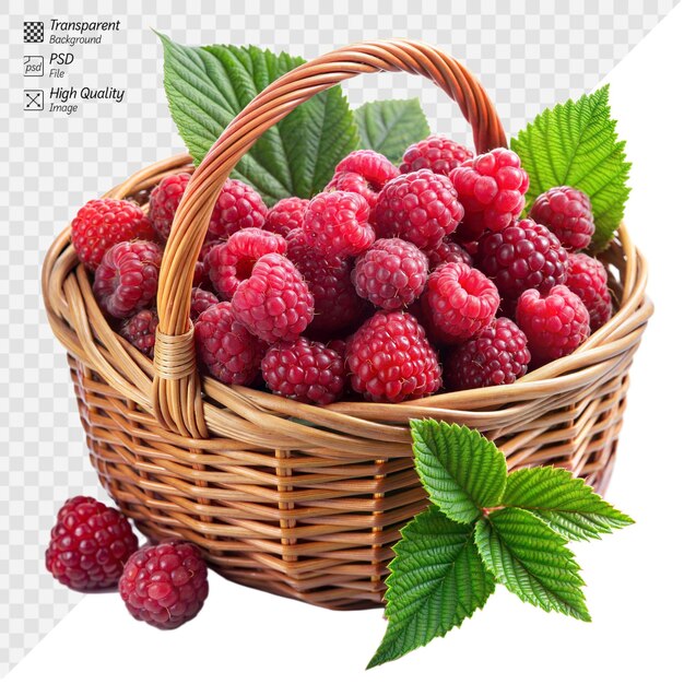 PSD fresh raspberries in a wicker basket with green leaves