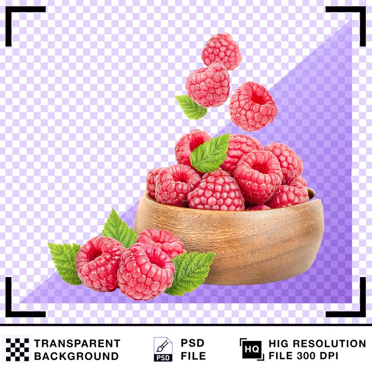PSD fresh raspberries in a wooden bowl with leaves and transparent background